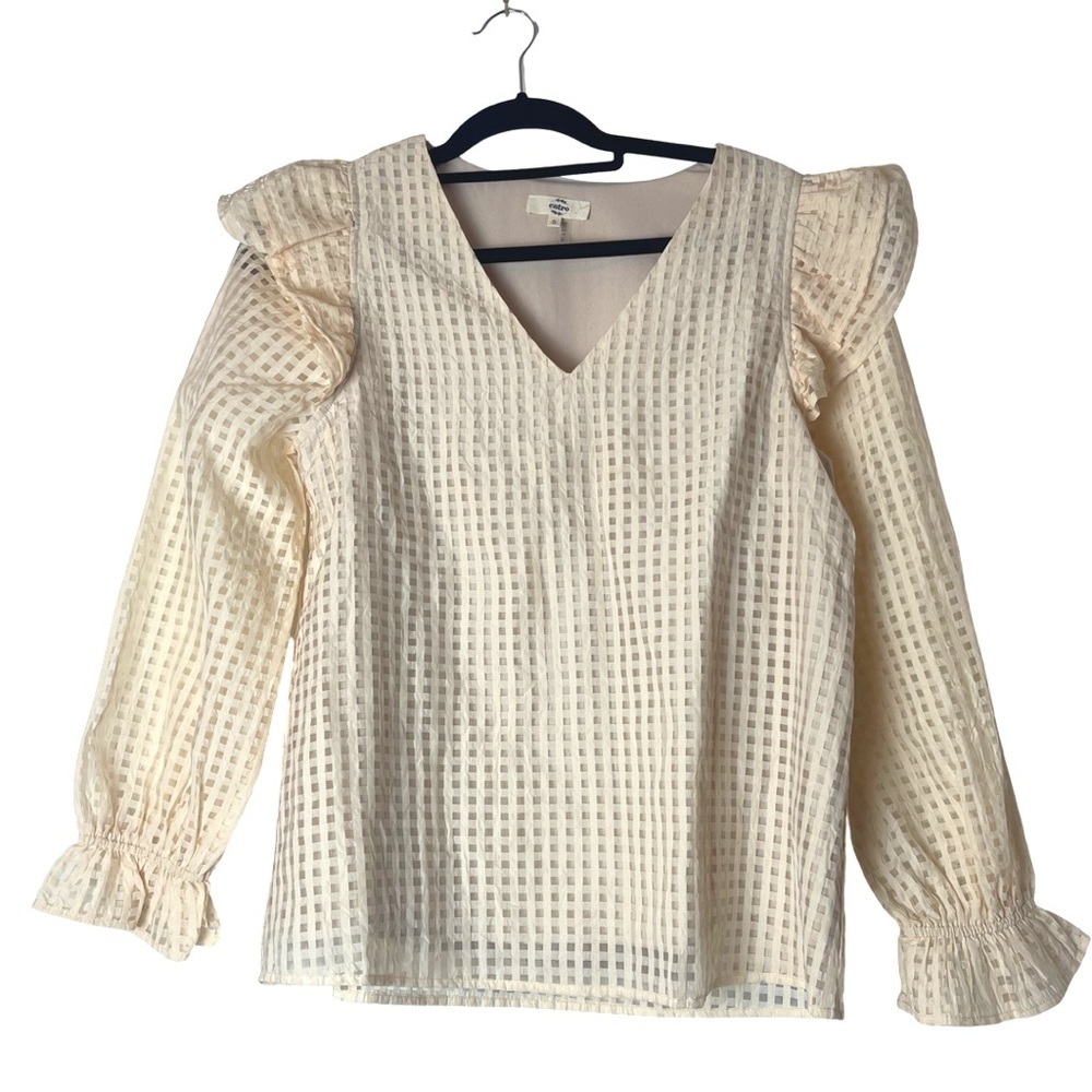 Entro Creme Windowpane Ruffled Sleeve Bridgerton Style Top Size Small